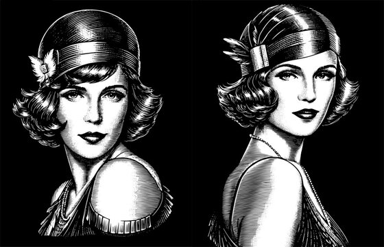 Two flapper women vintage portrait,1920s fashion against a plain black background