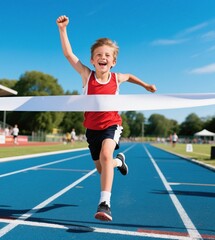Fototapeta premium child sport athlete competition running race victory success win winner exercise sprinting runner achievement finish line finish celebration challenge happiness winning motivation excitement