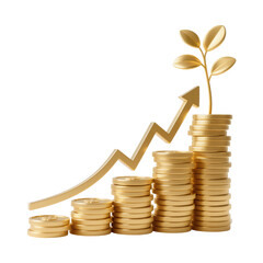 Golden coins stacks with upward arrow and plant, symbolizing financial growth and investment success.  The image is 3D rendered with a clean and modern aesthetic.