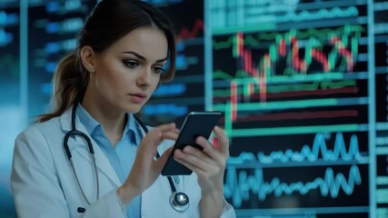 Caucasian female doctor analyzing stock market charts while using smartphone in modern office environment, stock market and diagrams over caucasian female doctor talking on smartphone - Powered by Adobe