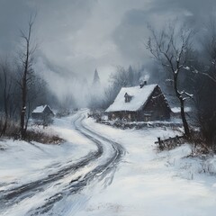Snow-covered Road Winds Through a Quiet Winter Landscape With Quaint Houses Nestled Among the Trees on a Chilly Day in a Serene Countryside