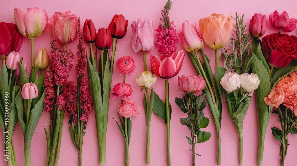 Poster row of flowers with different colors and sizes, including pink roses and tulips. the arrangement is 