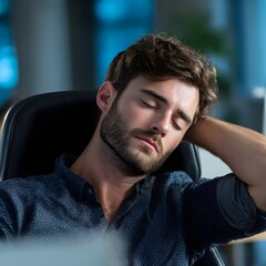 Fototapeta premium Exhausted man resting in office chair, hand behind neck showing signs of neck pain from long work hours and poor posture. Concept: neck strain, tension, workplace fatigue.