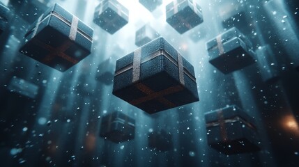 Mysterious Floating Gifts Shimmering in a Magical Winter Dreamscape, Evoking Wonder and Anticipation During the Enchanting Holiday Season