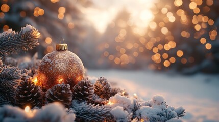 Golden Ornament Nestled Among Frosty Pine Boughs, Glowing Softly as Winter Sunlight Filters Through the Trees at Dusk, Creating a Magical Holiday Atmosphere