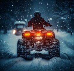 Adventurer Navigating a Snowy Trail at Night on an All-Terrain Vehicle Under Falling Snowflakes and Soft Headlights Illuminating the Path Ahead