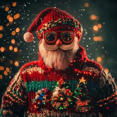 Festive Figure Adorned in Colorful Knitwear Celebrates the Joy of Christmas With Sparkling Lights and Merry Vibes on a Magical Snowy Evening