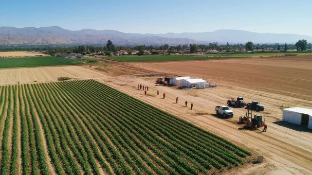 Field workers harvesting crops in expansive farmland under clear blue sky, Aerial overhead view field workers harvesting crops Oxnard
