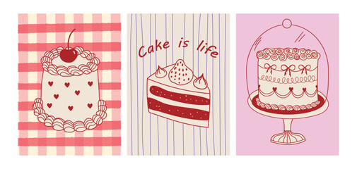 Set of hand drawn vintage birthday posters with cakes on checkered background. Whimsical vector treats. Hand drawn cakes. Sweet coquette style. Contemporary art illustrations.	
