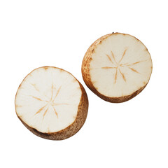 Two cut cassava roots close up view on transparent background