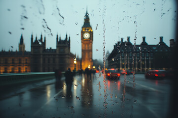 Fototapeta premium Rainy View of Cityscape: A blurry, rain-streaked window overlooks a bustling cityscape at twilight, with historical buildings and blurred traffic in the background.