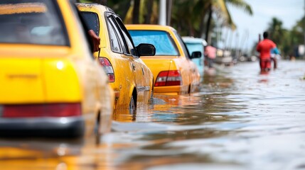 Fototapeta premium Row of yellow cabs are submerged in water. The scene is chaotic and disorganized. The water is murky and the cars are covered in mud. The people walking by are likely trying to avoid the water
