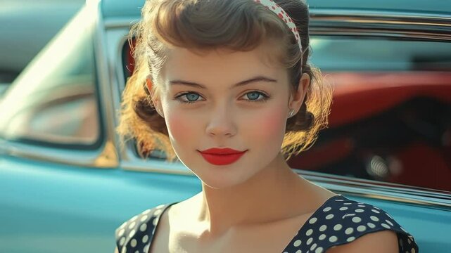 Classic era: retro youth, rockabilly spirit, pinup allure, Hollywood fashion, neon brightness, jukebox sound, diner scene, vintage chic, 50s elegance, stylish appeal, timeless romance.