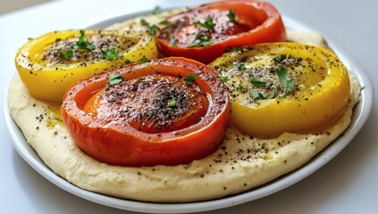Roasted Tomatoes with Hummus Plating Displaying Culinary Presentation