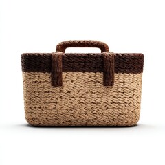 A woven straw handbag with a dark brown handle and trim, displayed against a plain white background.