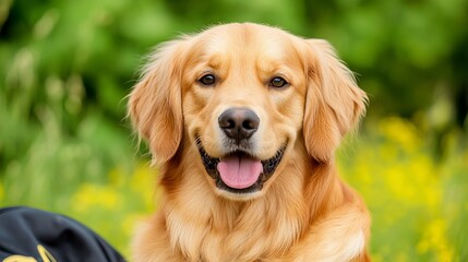 Obraz premium Golden Retriever dog sits looking directly forward with its tongue out in a grassy outdoor setting.