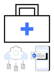 Obraz premium Medical briefcase with cross, cloud with gear and files, and smartphone with locked password input. Ideal for healthcare, data protection, cybersecurity, cloud storage, mobile access, technology