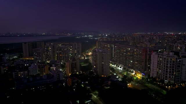 Aerial view of growing Ulve city near India's longest sea bridge, Atal Setu in Mumbai, India.