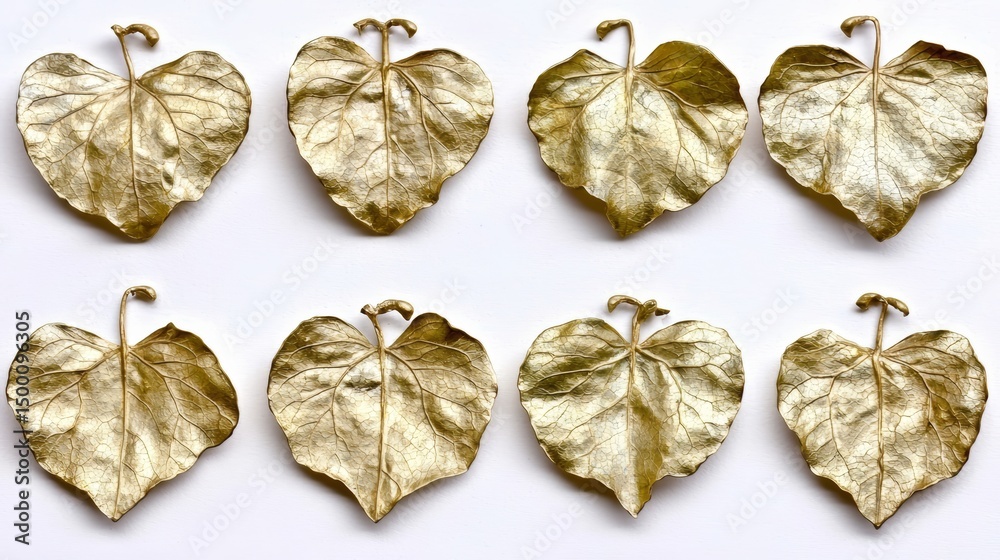 Poster series of gold leaf-shaped objects arranged in a row. the leaves are intricately designed and appear