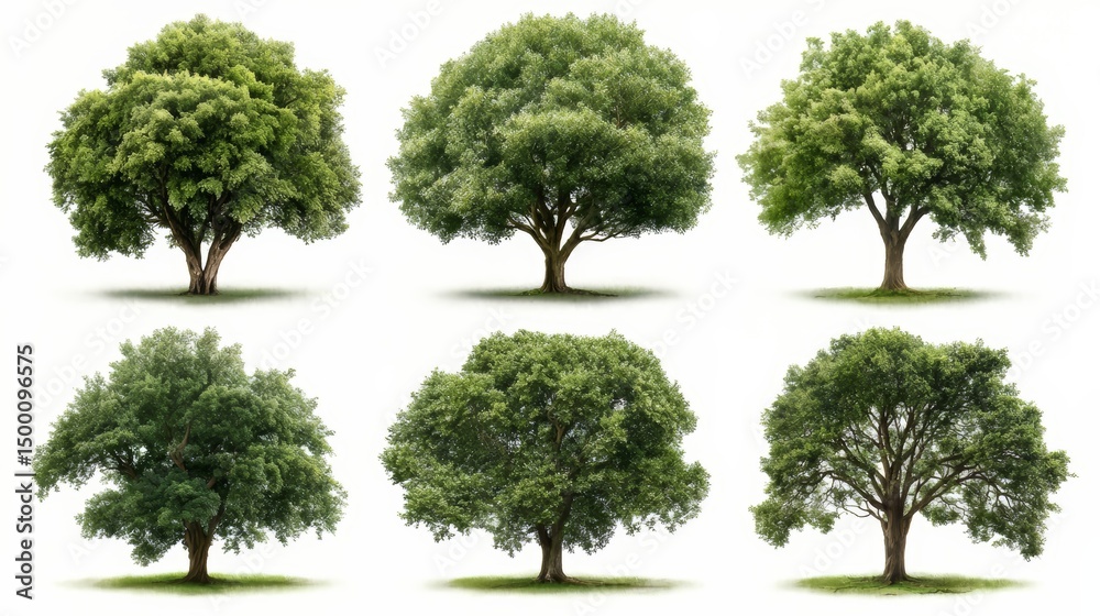 Poster Series of trees are shown in different sizes and positions. The trees are all green and appear to be in a park or forest setting. Concept of tranquility and natural beauty