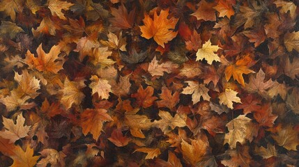 A top-down view of a dense carpet of fallen autumn leaves. 