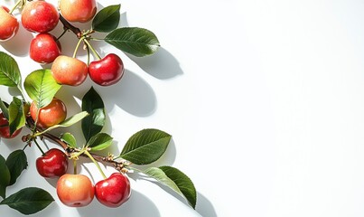 Cherry with green leaves, top view with copy space on white background