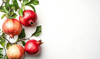 Pomegranate on branch with leaves isolated on white background with copy space