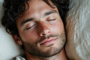 Obraz premium A young man with curly hair peacefully sleeps, his face relaxed against a soft pillow.
