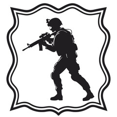 Fototapeta premium Silhouette of Armed Combatant in Protective Gear Prepared For Action