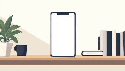 Smartphone on shelf with books and plant