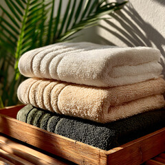 Three folded spa towels stacked on wooden shelf near a fern plant in natural sunlight