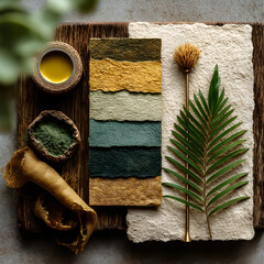 Elevated view of botanical elements, dyed papers, and golden accents on wooden boards