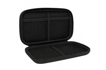 Open black carrying case with mesh pockets on transparent background