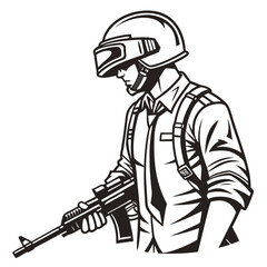 Combat Soldier with Helmet and Weapon in Black and White