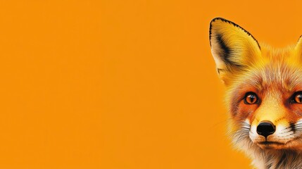 Fototapeta premium Fox is shown on a bright orange background. The fox is looking at the camera and he is smiling