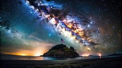Night Photography Round Deer Island Oregon USA Flag Scenic Landscape
