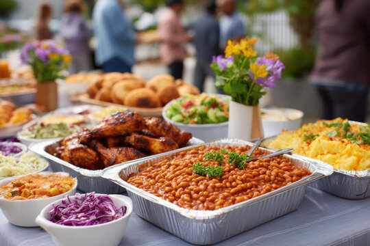 Vibrant outdoor celebration featuring a diverse array of traditional dishes, including baked beans, grilled chicken, and colorful salads, embodying the spirit of community and cultural heritage