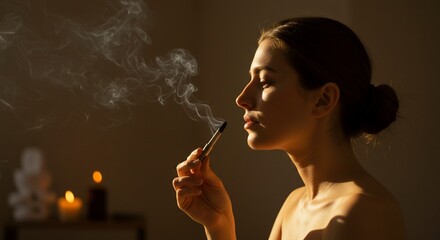 Obraz premium Radiant woman smudging with cleansing smoke