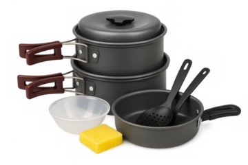 Camping cookware set with pots, pan, utensils, and sponge on transparent background