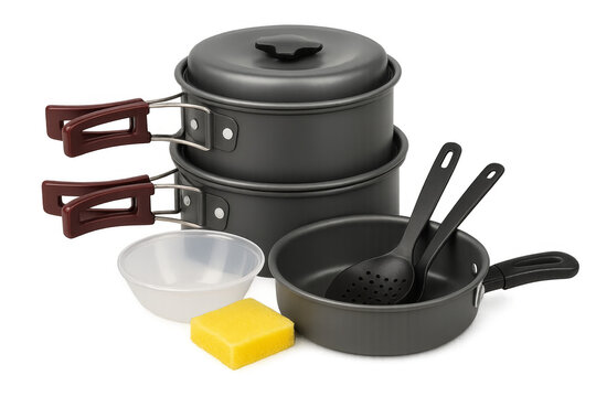 Camping cookware set with pots, pan, utensils, and sponge on transparent background