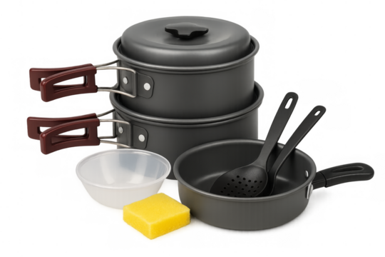 Camping cookware set with pots, pan, utensils, and sponge on transparent background