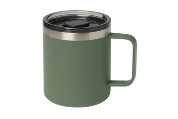 Green travel mug with stainless steel rim and transparent background