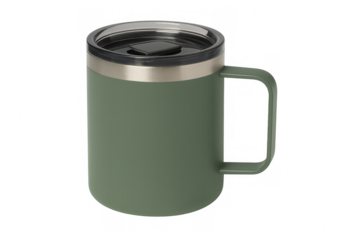 Green travel mug with stainless steel rim and transparent background