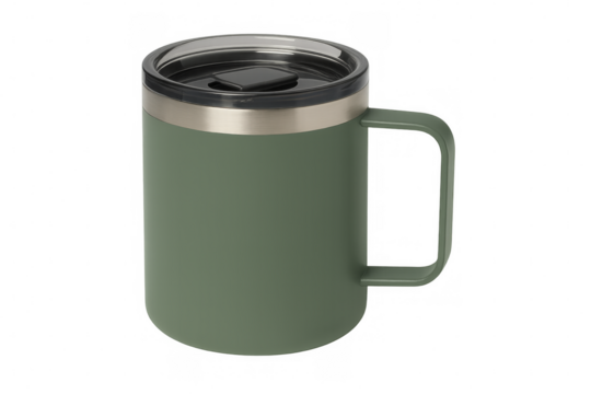 Green travel mug with stainless steel rim and transparent background