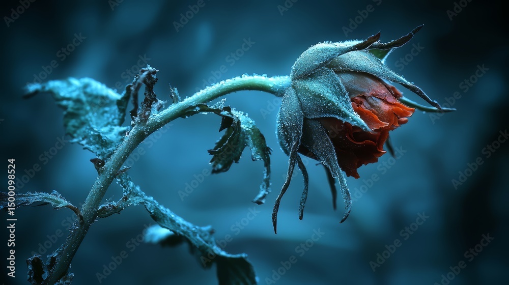 Poster single red rose is shown in a blue background. the rose is frosted and he is in a state of decay. co