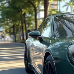 Luxury Sports Car Glimmers Under the Sun Along a Palm-Lined Street in a Tropical Paradise Setting During Early Morning Hours