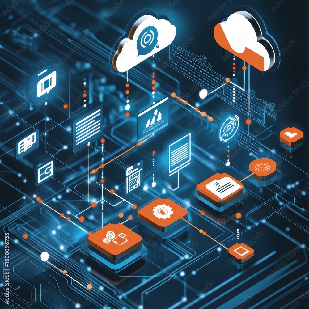 Poster exploration of digital cloud technology with interconnected data streams and vibrant graphical eleme