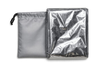 Folded thermal blanket and carrying bag on transparent background