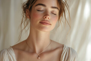 A serene woman with freckles and closed eyes, wearing a delicate necklace, embodies peace and natural beauty.