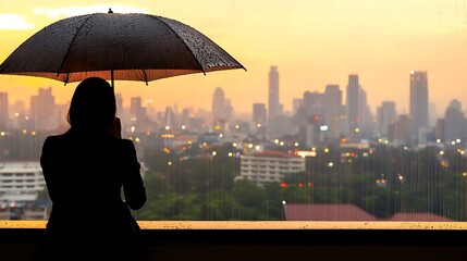 Woman with umbrella city view